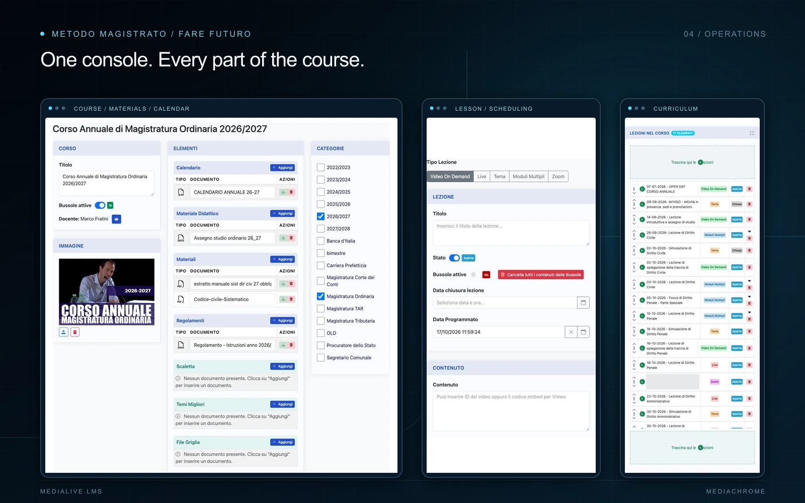 The administration console for course materials, lesson scheduling and curriculum management